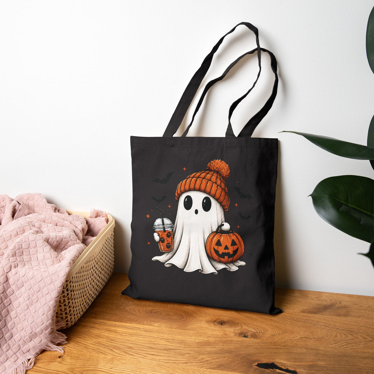 Cozy Ghost & Pumpkin Tote Bag
