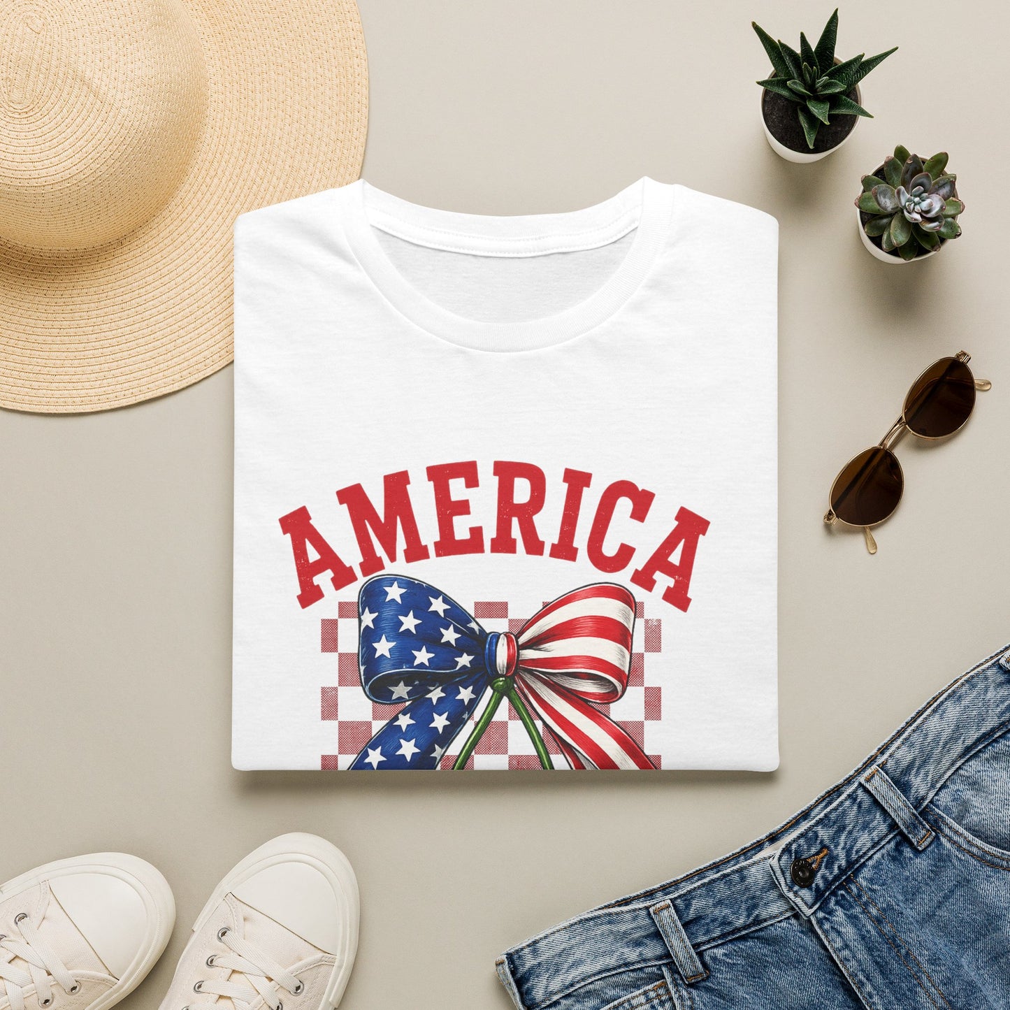 America Flag Bow Cherry T‑Shirt — Patriotic 4th of July Tee