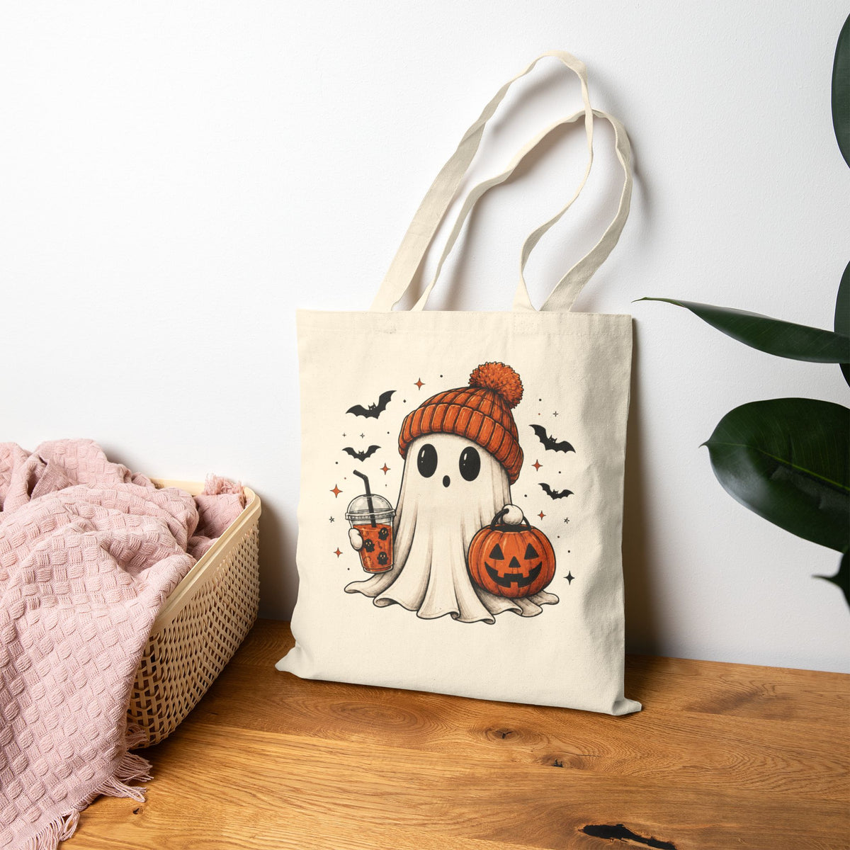 Cozy Ghost & Pumpkin Tote Bag