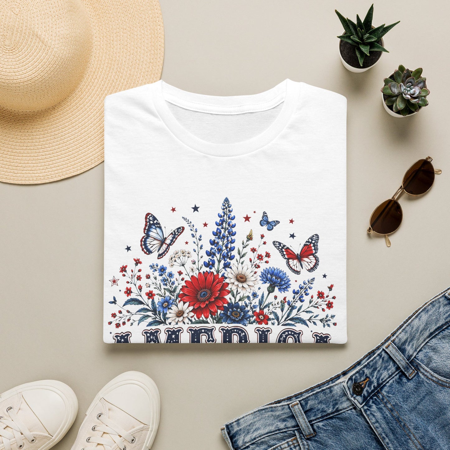 America 250th Birthday T-Shirt — Patriotic Floral & Butterfly Tee