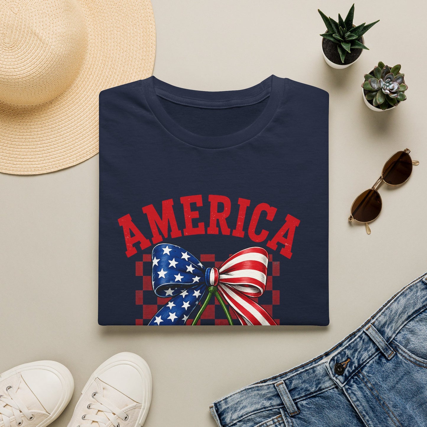 America Flag Bow Cherry T‑Shirt — Patriotic 4th of July Tee