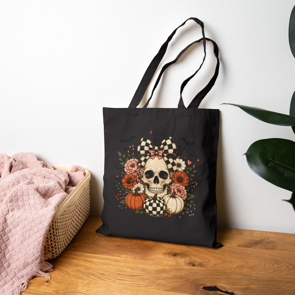 Floral Skull & Pumpkin Tote Bag