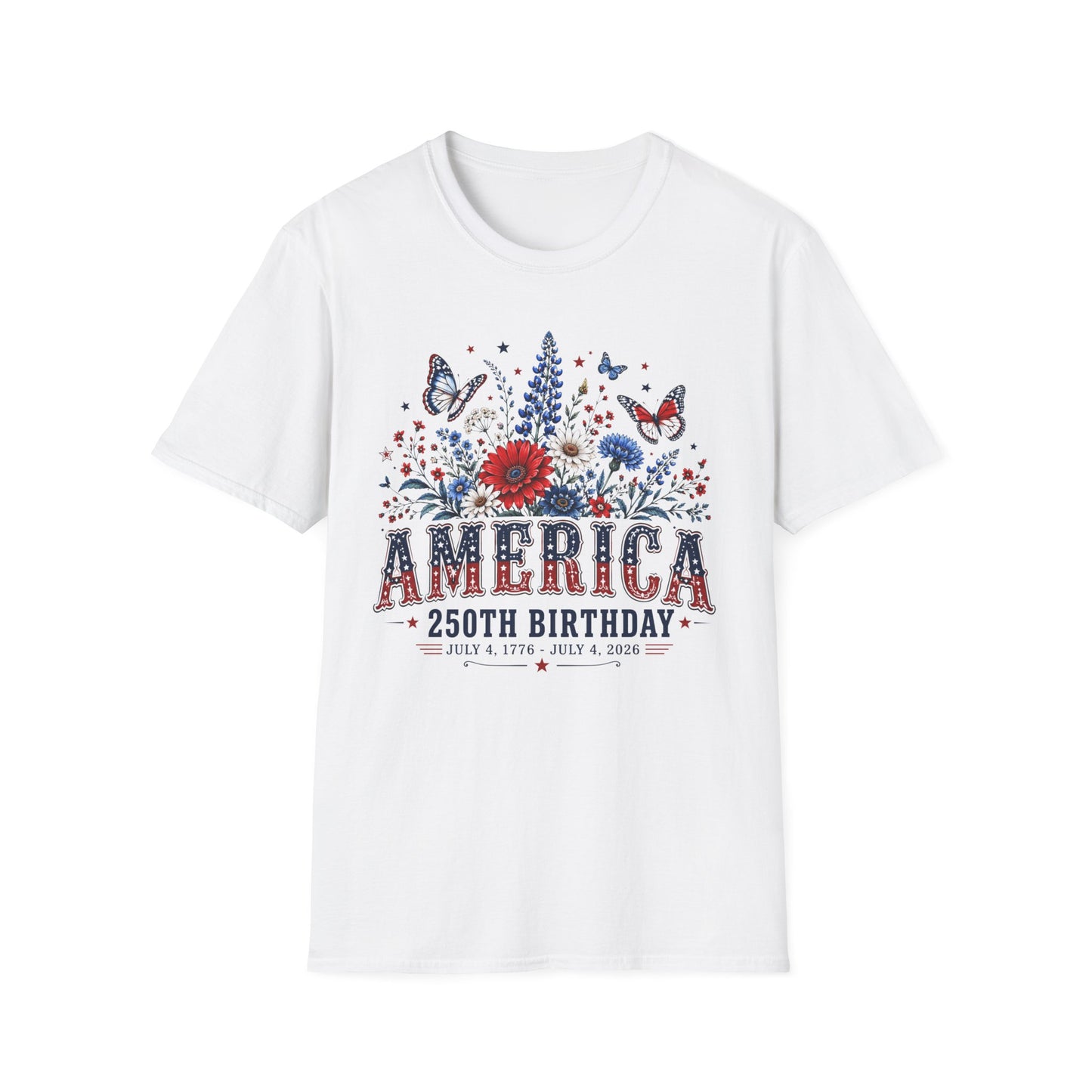 America 250th Birthday T-Shirt — Patriotic Floral & Butterfly Tee