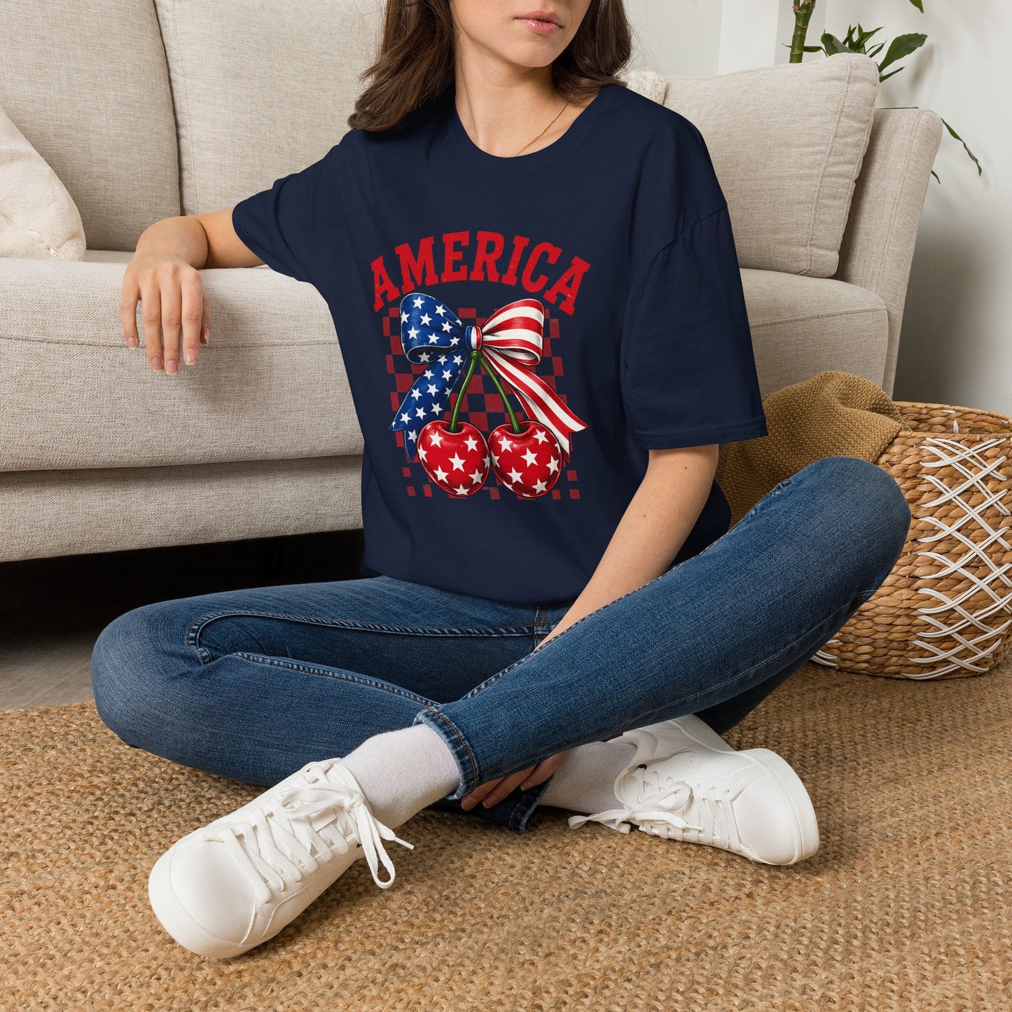 America Flag Bow Cherry T‑Shirt — Patriotic 4th of July Tee