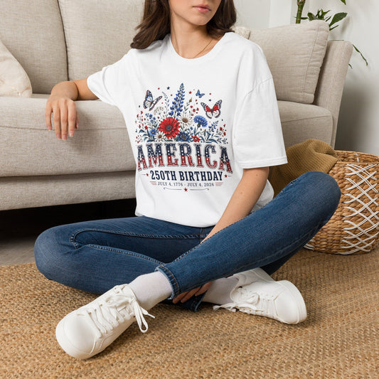 America 250th Birthday T-Shirt — Patriotic Floral & Butterfly Tee
