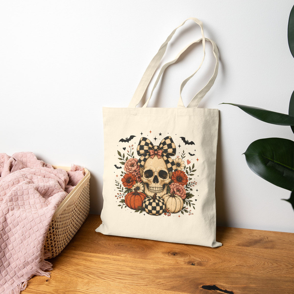 Floral Skull & Pumpkin Tote Bag