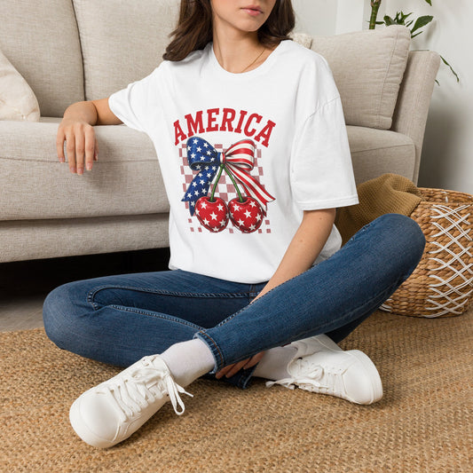 America Flag Bow Cherry T‑Shirt — Patriotic 4th of July Tee